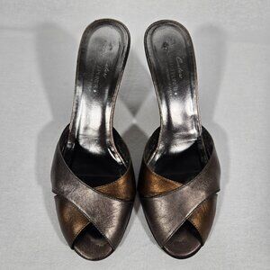 Vintage DONALD PLINER Couture Y2K Metallic Strappy Leather Heel Sandal Size 8.5M